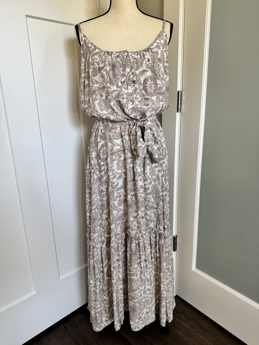 NEW Gold Hawk 100% Silk Pink Block Print Floral Maxi Dress Spaghetti Strap OSFM